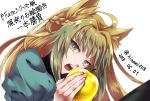  1girl ahoge animal_ears apple artist_name atalanta_(fate) bangs blonde_hair braid cat_ears commentary_request dated face fate/grand_order fate_(series) food fruit golden_apple green_eyes green_hair holding holding_food holding_fruit looking_at_viewer open_mouth puffy_sleeves solo translation_request upper_teeth zassou_(ukjpn) 
