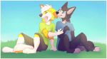  2017 4_fingers 4_toes anthro black_body black_fur blue_eyes canid canine canis clothed clothing coyote day detailed_background digital_media_(artwork) domestic_dog fingers fur grass male mammal open_mouth outside senimasan sky teeth toes tongue wolf 
