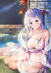  1girl arm_support azur_lane bangs blue_eyes blush breasts cleavage closed_mouth collarbone commentary_request detached_sleeves eyebrows_visible_through_hair hagoromo hair_ornament hair_scrunchie large_breasts leaf long_hair looking_at_viewer maple_leaf moonlight night night_sky one_side_up onsen rei_(rei&#039;s_room) scrunchie see-through see-through_sleeves shawl shouji shoukaku_(azur_lane) shoukaku_(the_crane_that_dances_with_the_wind)_(azur_lane) sidelocks silver_hair sitting sky sliding_doors smile solo star_(sky) starry_sky tatami very_long_hair yokozuwari 