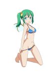  1girl bangs bare_arms bare_legs bare_shoulders barefoot bikini bikini_pull blue_bikini blue_eyes blush bow breasts cato_(monocatienus) commentary d: daiyousei eyebrows_visible_through_hair fairy_wings green_hair groin hair_bow kneeling long_hair looking_at_viewer medium_breasts navel open_mouth pulled_by_self side_ponytail sidelocks simple_background solo stomach swimsuit thighs touhou white_background wings yellow_bow 