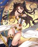  1girl ass_visible_through_thighs barefoot black_ribbon brown_hair chain crown fate/grand_order fate_(series) groin ishtar_(fate/grand_order) long_hair navel pointing pointing_at_viewer red_eyes ribbon single_thighhigh smile solo thighhighs thighs twintails untsue very_long_hair 