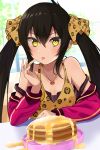  1girl animal_print bangs bare_shoulders black_hair blush breasts camisole cleavage collarbone commentary_request food gomashi_(goma) hair_between_eyes hair_ribbon heart heart_necklace highres idolmaster idolmaster_cinderella_girls jacket jewelry leopard_print long_hair looking_at_viewer matoba_risa necklace off_shoulder pancake pendant pink_jacket print_ribbon revision ribbon small_breasts solo strap_slip syrup tongue tongue_out twintails yellow_eyes 