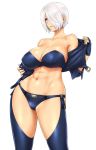  1girl abs angel_(kof) birthday bra breasts chaps cleavage commentary_request cropped_jacket curvy fingerless_gloves gloves hair_over_one_eye happy_birthday highres jacket large_breasts leather midriff navel panties signature silver_hair snk solo st.germain-sal strapless strapless_bra the_king_of_fighters toned underwear white_hair 