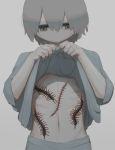  1boy absurdres avogado6 bug centipede commentary expressionless grey_hair highres midriff navel no_mouth original shirt_lift stitches upper_body 