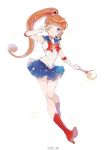  alicesakura bishoujo_senshi_sailor_moon blue_eyes blue_sailor_collar blue_skirt blush boots choker cosplay elbow_gloves full_body gloves hair_ornament hairclip haneoka_meimi highres holding holding_wand kaitou_saint_tail knee_boots long_hair looking_at_viewer magical_girl moon_stick on_shoulder one_eye_closed pleated_skirt red_footwear ruby_(kaitou_saint_tail) sailor_collar sailor_moon sailor_moon_(cosplay) sailor_senshi_uniform saint_tail skirt smile solo very_long_hair wand white_background 