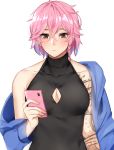  1girl ardi_rayhan bare_shoulders blue_jacket blush breasts brown_eyes cellphone cleavage cleavage_cutout hair_ornament hairclip highres holding holding_phone jacket large_breasts mole original phone pink_hair short_hair sleeveless sleeveless_turtleneck smartphone solo tattoo turtleneck white_background 