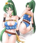  1girl :o absurdres ass ass_visible_through_thighs bare_shoulders breasts breasts_apart fire_emblem fire_emblem:_the_blazing_blade flower green_eyes green_hair hair_flower hair_ornament high_ponytail highres long_ponytail looking_at_viewer looking_back lyn_(fire_emblem) solo the_kingduke thigh_gap twitter_username wrist_guards 