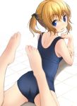  1girl :d arm_support ass back bangs barefoot blue_eyes blue_swimsuit blurry blush bow cameltoe crotch_seam depth_of_field elbow_rest eyebrows_visible_through_hair feet feet_up from_behind full-face_blush hair_between_eyes hair_bow hand_up highres looking_at_viewer looking_back lying on_floor on_stomach one-piece_swimsuit open_mouth original school_swimsuit shibacha shoulder_blades sidelocks smile solo spread_legs swimsuit tile_floor tiles 