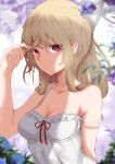  1girl :/ absurdres blonde_hair blurry blurry_foreground breasts cleavage closed_mouth collarbone commentary depth_of_field flower granblue_fantasy hair_between_eyes highres looking_at_viewer medium_breasts mirai&#039;g red_eyes solo strap_slip sweat vira_lilie 