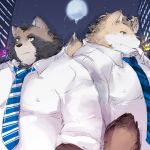  1:1 2019 anthro brown_body brown_fur canid canine clothing duo fox fur hi_res male mammal moon necktie night outside overweight overweight_male raccoon_dog shirt tanuki topwear yuuya333 