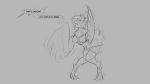  2019 anthro avian bird breasts clothing digitigrade feathers female grey_background hair monochrome navel nipples open_mouth simple_background solo standing surprise torn_clothing transformation unseen_character watsup wings 