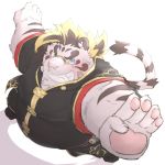  1:1 2019 anthro blue_eyes clothed clothing eyewear felid fur glasses hi_res humanoid_hands licho_(tas) male mammal meimei_kia overweight overweight_male pantherine simple_background solo tiger tokyo_afterschool_summoners video_games white_background white_body white_fur 