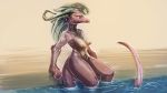  2019 anthro breasts dragon female green_hair hair horn long_tail nipples nude scalie solo water watsup wet yellow_eyes 
