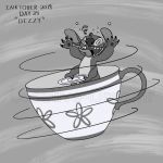  1:1 2019 4_arms 4_fingers alien claws creative-dreamr cup disney disney_parks dizzy english_text experiment_(lilo_and_stitch) fingers fur greyscale happy head_tuft inktober lilo_and_stitch mad_tea_party monochrome motion_lines multi_arm multi_limb notched_ear open_mouth open_smile pawpads raised_arm smile solo spinning spiral_eyes star stitch_(lilo_and_stitch) tea_cup text tongue tongue_out tuft watermark 
