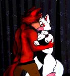  2015 anthro anthrofied arctic_fox black_nose bottomwear breasts butt canid canine clothing eyes_closed female five_nights_at_freddy&#039;s five_nights_at_freddy&#039;s_2 fox foxy_(fnaf) fur hi_res inside kissing male male/female mammal mangle_(fnaf) multicolored_body multicolored_fur pants pink_body pink_fur red_body red_cheeks red_fox red_fur the_wonderbolts_(artist) two_tone_body two_tone_fur video_games white_body white_fur 