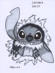  2019 alien ambiguous_gender chest_tuft claws creative-dreamr disney eating english_text experiment_(lilo_and_stitch) fur greyscale head_tuft hole_(anatomy) inktober lilo_and_stitch looking_at_viewer monochrome one_ear_up paper smile solo stitch_(lilo_and_stitch) text tuft 