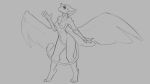  2019 4_fingers anthro avian beak breasts chest_tuft digitigrade female fingers grey_background gryphon monochrome navel nipples pussy simple_background smile solo standing tuft watsup wings 