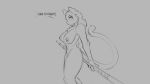  2019 anthro breasts dialogue domestic_cat felid feline felis female grey_background mammal melee_weapon monochrome nipples nude side_view simple_background smile solo watsup weapon 