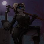  anthro big_breasts breasts clothing death_(personification) demon female graveyard grim_reaper halloween heterochromia hi_res holidays horn mammal melee_weapon polearm procyonid raccoon raz_von_coon robe scythe solo thejoyfuldragon weapon 