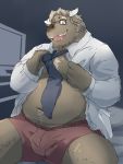  2019 5_fingers anthro belly bodily_fluids body_hair bovid bovine brown_body brown_eyes brown_fur bulge cattle chest_hair clothed clothing eyebrows eyewear fingers fur glasses hair hi_res kemono male mammal navel necktie open_mouth open_shirt open_smile overweight overweight_male shirt simple_background sitting slightly_chubby smile solo sweat tan_hair tongue topwear train5 underwear undressing 
