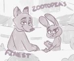  ambiguous_gender anthro canid canine clothed clothing dipstick_ears disney duo english_text fox holding_object judy_hopps lagomorph leporid looking_at_viewer looking_back mammal mod_lemon monochrome multicolored_ears nick_wilde police_uniform rabbit shirt smile text topwear uniform zootopia 