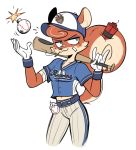  2019 5_fingers anthro ball bandage baseball_(ball) baseball_(sport) baseball_bat baseball_cap baseball_uniform bat_(object) beezii blue_eyes blush bomb cheek_tuft cherry_bomb_(beezii) clothed clothing digital_media_(artwork) dog_tags dynamite explosives face_tuft female fingers fully_clothed furgonomics gloves hair handwear hat headgear headwear humanoid_hands mammal naughty_face rodent sciurid short_hair simple_background solo sport sportswear standing toony tuft uniform white_background 