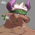  1:1 2019 accessory bovid bovine brow_fur cattle headband hi_res horn male mammal purple_eyes reclamon tokyo_afterschool_summoners unknown_character video_games 