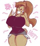  ! 2019 absurd_res anthro beau_(luxurias) big_breasts bodily_fluids bottomwear breasts brown_bear brown_body brown_fur brown_hair cleavage clothed clothing collarbone english_text eyebrow_through_hair eyebrows eyelashes eyes_closed facial_piercing female fingers fur hair hi_res huge_breasts long_hair luxurias mammal nose_piercing piercing portrait shirt shorts simple_background solo standing sweat sweatdrop text thick_thighs three-quarter_portrait topwear translucent translucent_hair ursid ursine white_background 