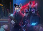  2019 anthro avantle avoid_posting black_hair blue_eyes canid canine claws collar digital_media_(artwork) eyewear fennec fox glasses gun hair hi_res hologram jagzcat kete_wawakari long_hair male mammal raining ranged_weapon smile weapon 