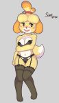  animal_crossing blonde_hair blush breasts canid canine canis clothing domestic_dog female fur garter_straps hair hi_res isabelle_(animal_crossing) legwear lingerie mammal nintendo panties shih_tzu solo stockings suenbroe toy_dog underwear video_games yellow_body yellow_fur 