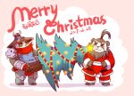  2017 absurd_res anthro black_body black_fur blizzard_entertainment blush christmas clothing duo english_text fur hat headgear headwear hi_res holidays male mammal pandaren santa_claus scarf simple_background slightly_chubby text ursid video_games warcraft white_body white_fur 黑岩龙 