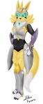  2019 absurd_res anthro armor blue_eyes canid canine clothing digimon digimon_(species) digital_media_(artwork) fan_character female fluffy fox fur fuzzy headgear helmet hi_res looking_at_viewer mammal renamon shin_kerron solo white_body white_fur yellow_body yellow_fur 