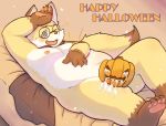  2019 anthro bed belly blue_eyes blush bodily_fluids canid canine cum cum_on_leg eyewear food food_play fox fruit furniture genital_fluids glasses halloween hi_res holidays humanoid_hands jack-o&#039;-lantern kentachen27 lying male mammal moobs navel nipples overweight overweight_male plant pumpkin solo text 