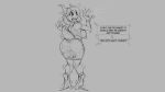  2019 anthro big_breasts black_and_white blush breasts clothing dialogue dragon english_text female grey_background hair monochrome nipples nude open_mouth rear_view ring simple_background solo standing text torn_clothing transformation watsup 