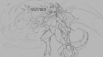  2019 3_toes anthro breasts dialogue dragalia_lost dragon female fire grey_background horn magic melee_weapon monochrome mym_(dragalia_lost) nipples nude pussy scalie simple_background solo spikes toes watsup weapon wings 