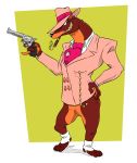  2019 4_fingers 4_toes anthro bottomless brown_body brown_fur cigar claws clothed clothing coat disney fangs fingers fur gun hand_on_hip handgun hat headgear headwear hi_res holding_object holding_weapon male mammal mustela mustelid musteline partially_clothed paws pistol ranged_weapon reagan700 revolver simple_background smarty_weasel smile smoking solo tan_body tan_fur teeth toes topwear weapon who_framed_roger_rabbit 