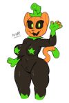  acstlu animate_inanimate anthro anthrofied big_breasts black_body black_sclera breasts crossgender domestic_cat felid feline felis female flora_fauna food food_creature fruit green_eyes living_fruit mammal mtf_crossgender plant pumkat pumpkin solo thick_thighs wide_hips 