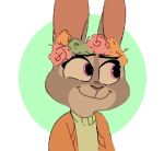  ambiguous_gender anthro clothed clothing disney flower flower_crown fur green_background grey_body grey_fur judy_hopps lagomorph leporid looking_away mammal mod_lemon plant purple_eyes rabbit shirt simple_background smile solo topwear white_background zootopia 