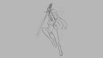  2019 action_pose anthro breasts female grey_background lagomorph leporid long_ears mammal melee_weapon monochrome navel nipples nude open_mouth pose pussy rabbit simple_background solo sword watsup weapon 