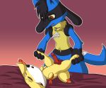  2019 absurd_res anal anal_penetration ankle_grab anthro balls bed blue_body blue_fur canid canine canis digital_media_(artwork) duo erection fennekin fur furniture hi_res jewelry k9player_(artist) lucario lying male male/male male_penetrating mammal missionary_position necklace nintendo on_back open_mouth penetration penis pok&eacute;mon pok&eacute;mon_(species) sex simple_background spike_(disambiguation) video_games white_body white_fur yellow_body yellow_fur 