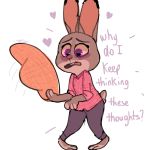  &lt;3 1:1 ? anthro blush bottomwear buckteeth clothed clothing dialogue dipstick_ears disney english_text front_view fully_clothed fur grey_body grey_fur hat headgear headwear hi_res judy_hopps lagomorph leporid mammal mod_lemon multicolored_ears open_mouth pants purple_eyes rabbit scut_tail shirt simple_background solo teeth text topwear white_background zootopia 