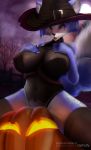  absurd_res big_breasts blue_body blue_fur blush breasts canid canine clothed clothing female fox fur halloween hat headgear headwear hi_res holidays krystal leotard mammal nintendo outside skimpy solo star_fox tongue tongue_out v-tal video_games witch_hat 