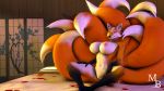  16:9 3d_(artwork) anthro big_breasts breasts canid canine digital_media_(artwork) female fox hi_res mammal masterbrony multi_tail pussy sitting 