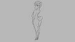  2019 alternate_species anthro breasts butt cervid changeling_tale clothing crossgender female grey_background hand_on_arm hat_only headgear headwear hooves horn malcolm_(changeling_tale) mammal monochrome mostly_nude nipples simple_background solo standing watsup 
