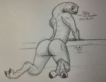  2019 alien bare_back blush butt charbold dialogue english_text fan_character graphite_(artwork) halo halo_(series) looking_at_viewer looking_back male microsoft monochrome nude rear_view sangheili scalie signature sketch solo submissive text traditional_media_(artwork) video_games xbox_game_studios 