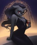  2017 5_fingers absurd_res alcohol anthro anthrofied beverage black_hair breasts cleavage clothed clothing colored_nails crossgender dress equid eyelashes female fingers friendship_is_magic hair hi_res holding_glass holding_object horn katputze king_sombra_(mlp) long_hair looking_at_viewer mammal mtf_crossgender my_little_pony nails red_eyes smile solo unicorn wine wine_glass 