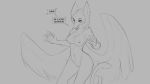  2019 4_fingers anthro avian blush breasts dialogue feathers female fingers grey_background gryphon monochrome navel nipples nude pussy simple_background smile solo watsup wings 