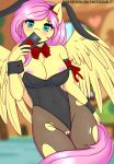  2019 anthro areola blurred_background blush bow breasts cellphone clothing digital_media_(artwork) equid equine eyelashes fake_ears fake_rabbit_ears feathered_wings feathers female fluttershy_(mlp) friendship_is_magic hi_res holding_cellphone holding_object holding_phone mammal my_little_pony nipples phone pterippus pussy solo twistedscarlett60 wings 