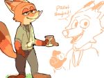  ! anthro barefoot beverage bottomwear brooklyn_nine-nine canid canine clothed clothing coffee dialogue disney doughnut english_text food fox fully_clothed fur green_eyes half-closed_eyes hand_in_pocket holding_cup holding_food holding_object mammal mod_lemon nick_wilde orange_body orange_fur pants pockets red_fox shirt sketch smile solo standing text topwear zootopia 