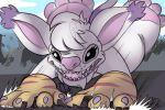  2019 4_fingers 4_toes alien black_eyes claws crossover destruction digimon digimon_(species) dipstick_ears disney dylbun experiment_(lilo_and_stitch) eyelashes fingers fur gatomon hi_res hybrid lilo_and_stitch macro multicolored_ears open_mouth pink_nose pounce purple_body purple_claws purple_fur toes white_body white_fur 